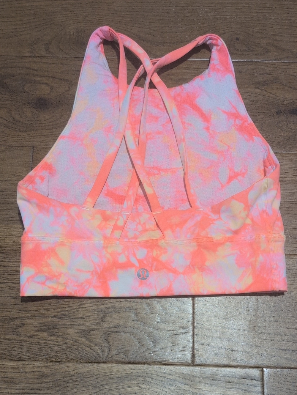 Lululemon high neck tie dye sports bra top, pink & orange on white base, size 4